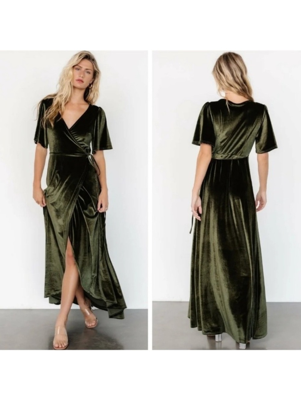 Baltic Born Katelyn Velvet Maxi Wrap Dress Womens Medium V-Neck Dark Olive Green